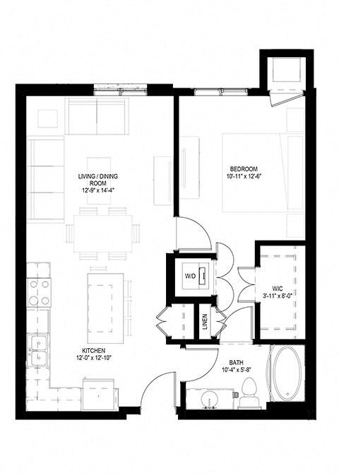 Floor plan for 1 bed, 1 bath, 723 sqft